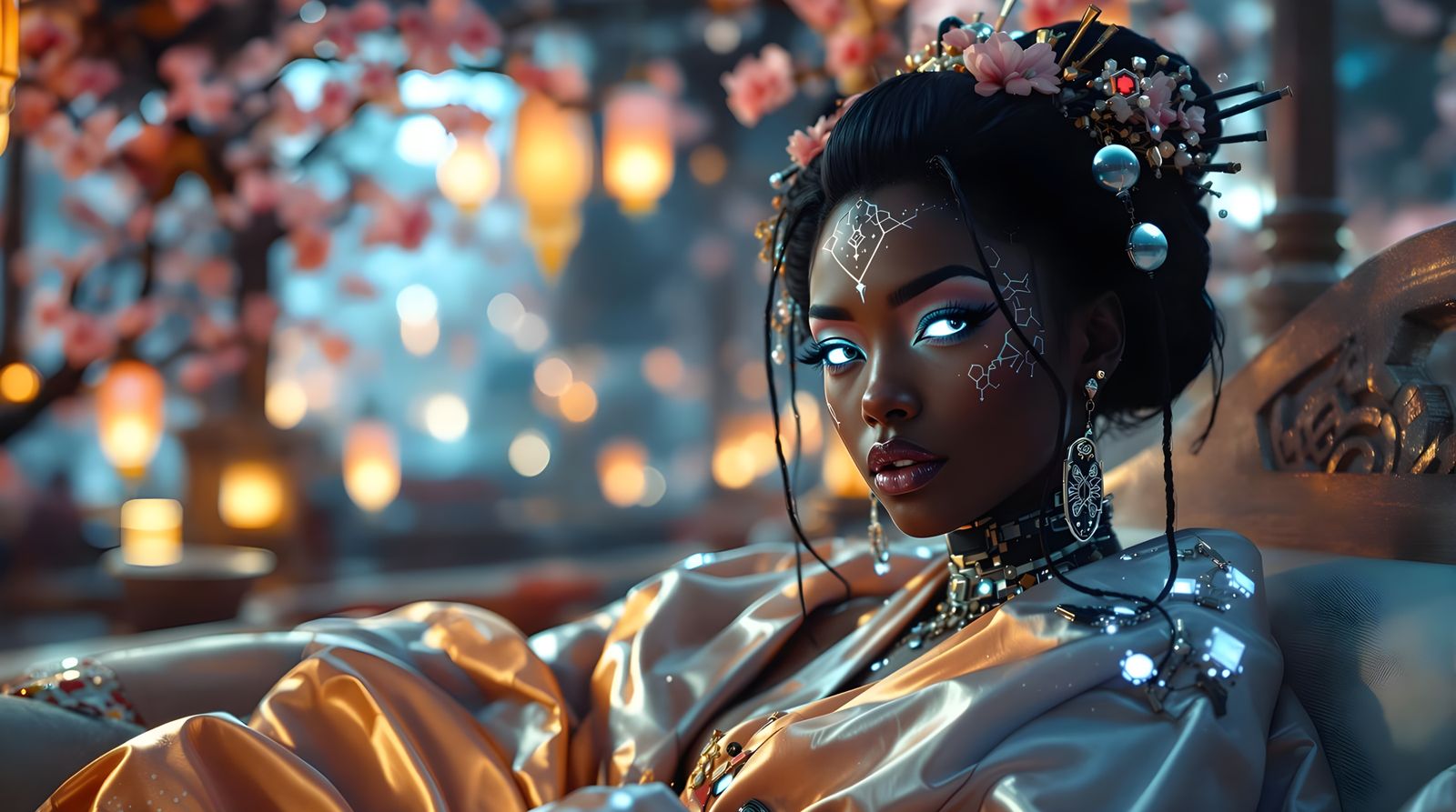 Cyberpunk Geisha in Futuristic Teahouse
