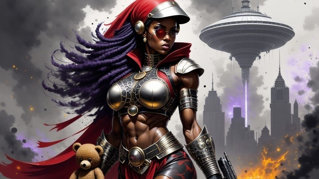 Steampunk Woman with Laser Gun in Stormy Brooklyn