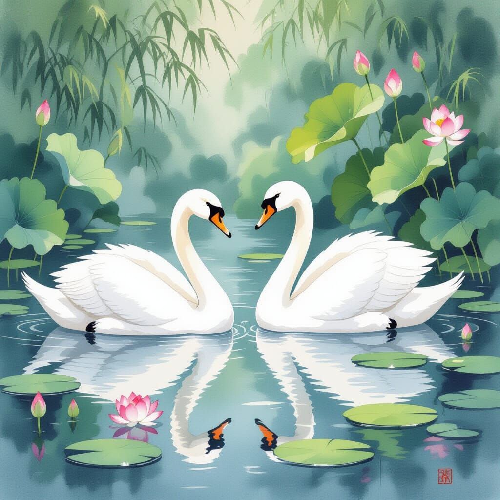 Swans in a Lotus Pond in Watercolor Style