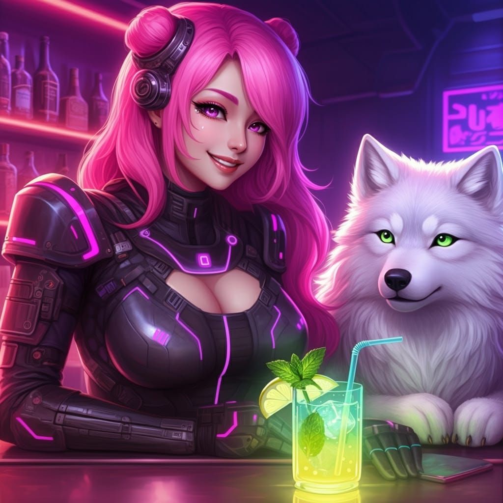 Wolfie drinking lemonade in Cyberpunkia with Peony