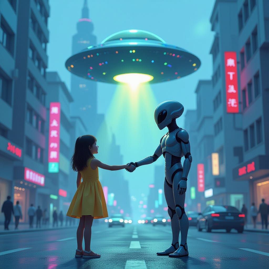 Girl Greets Alien in Futuristic Cityscape