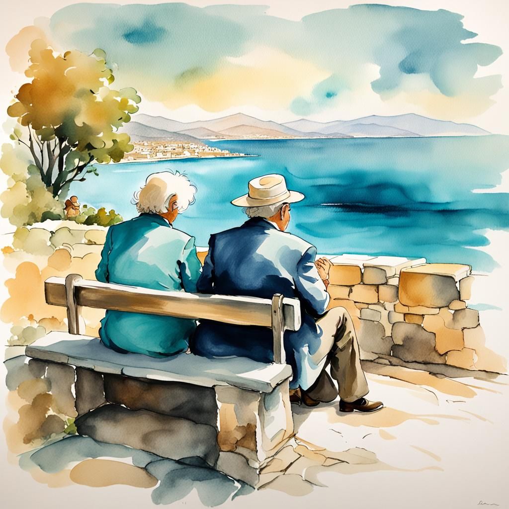 Elderly Couple by the Sea: Impressionist Ink Sketch
