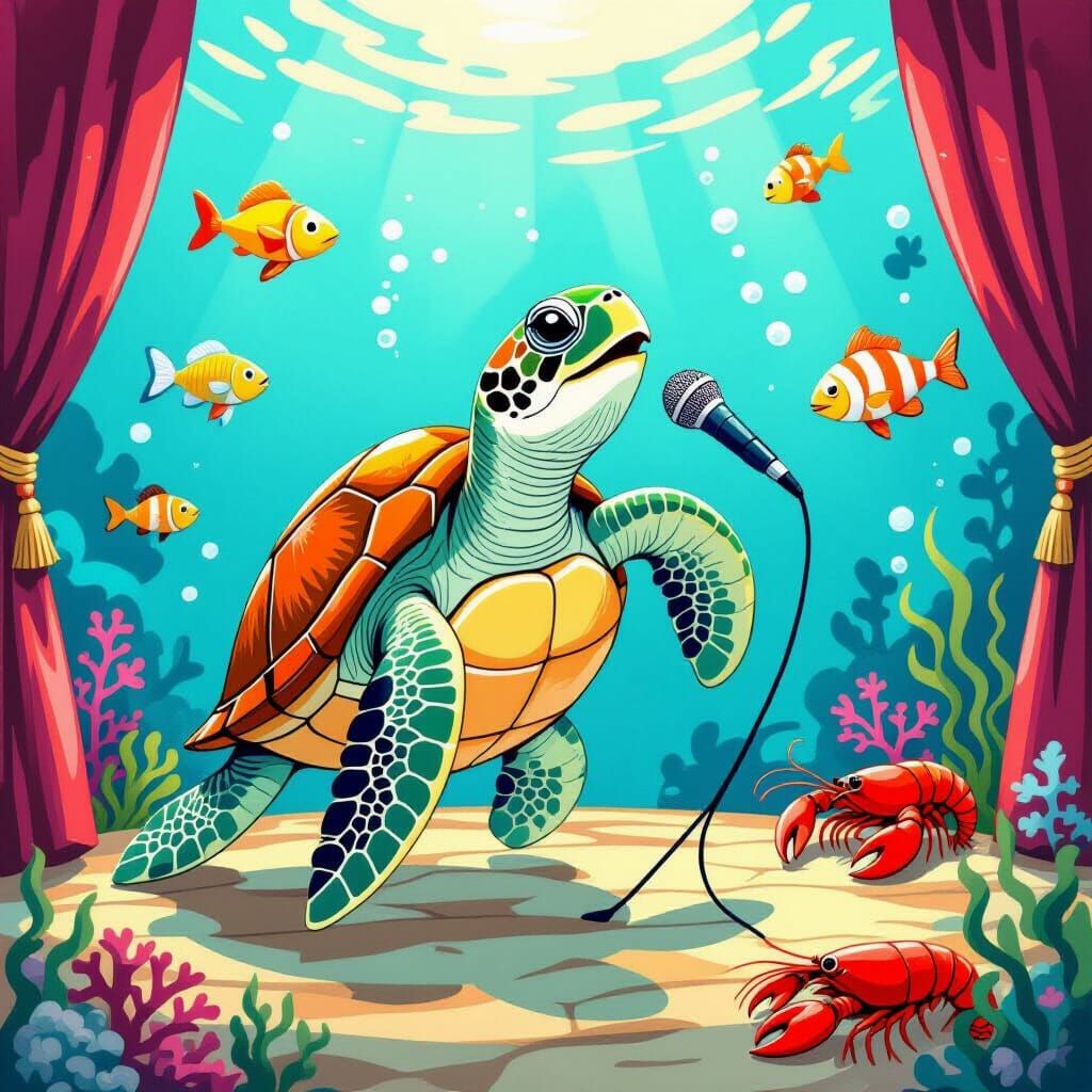 Sea Turtle Concert at Krusty Krab, Gouache Style