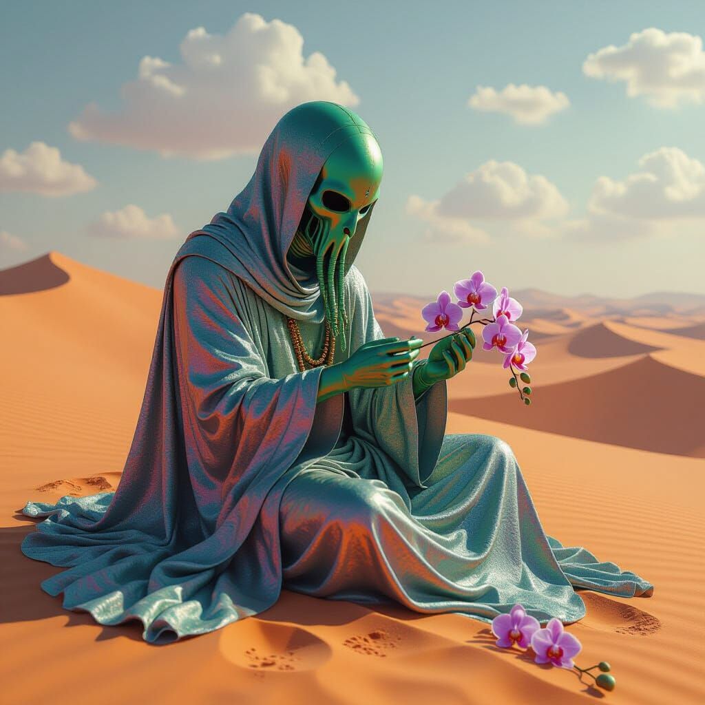 Rainbow Entity Crafts Orchids in Desert, Dreamlike Sci-Fi