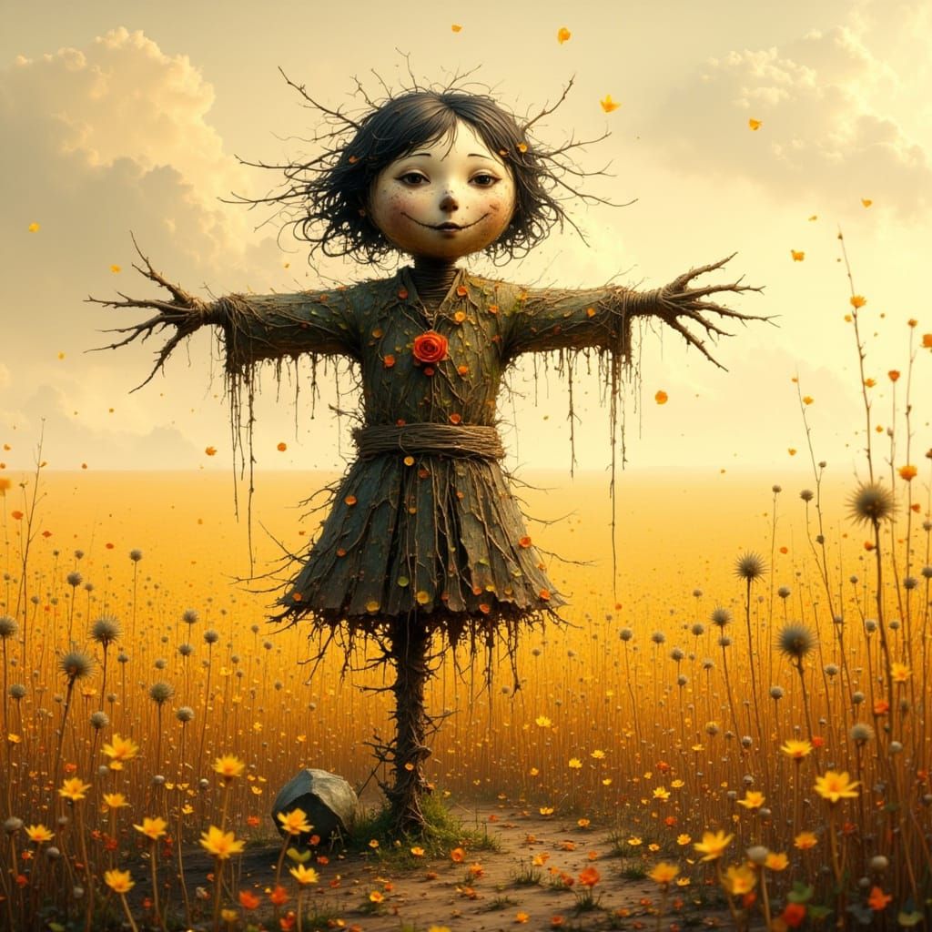 Kawaii Twig Scarecrow in Golden Field