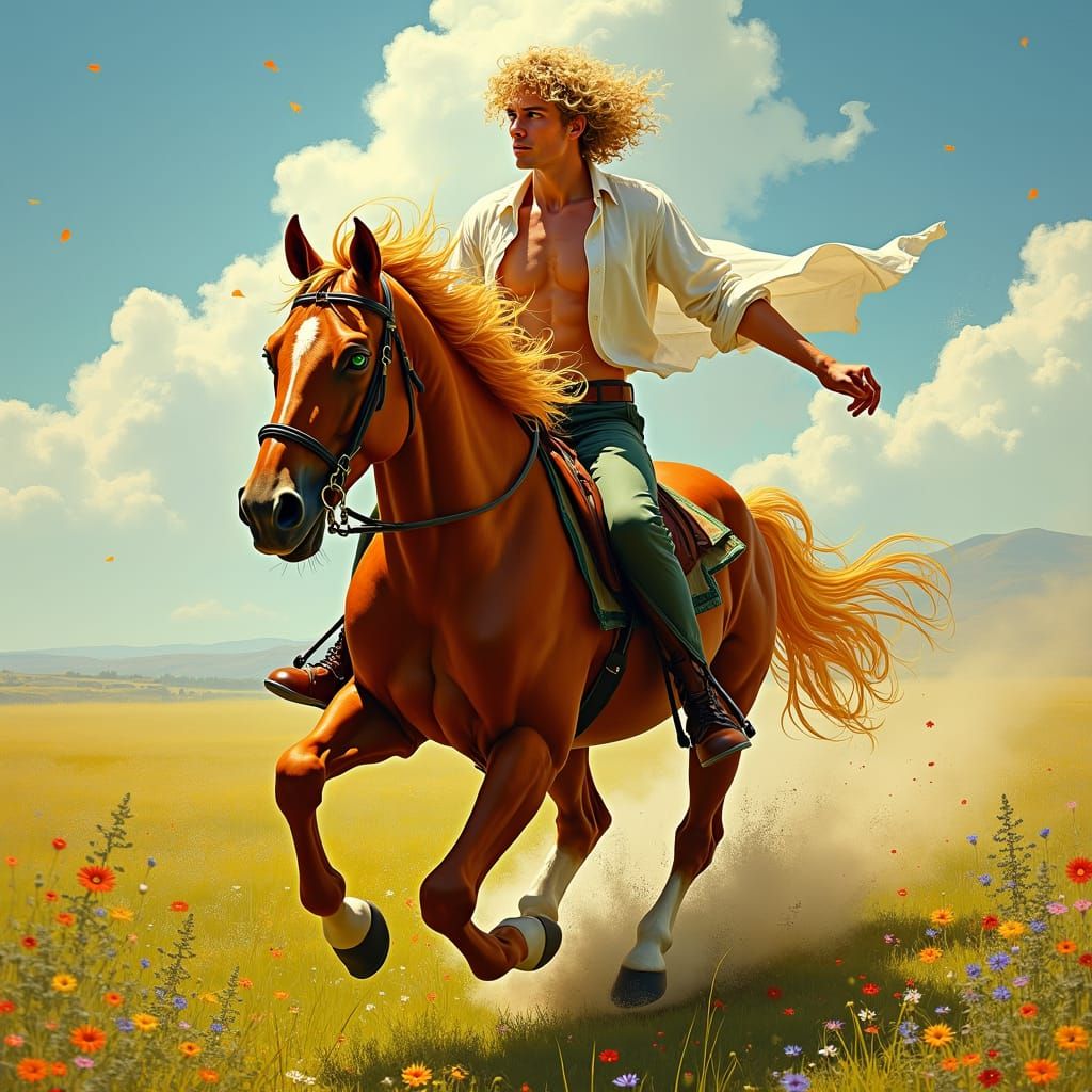 Blond Rider on Chestnut Horse, Expressive Art