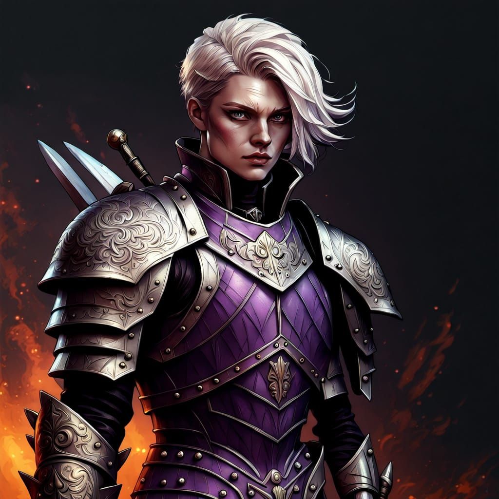 Androgynous Hero with Triadic Colors and Intricate Armor