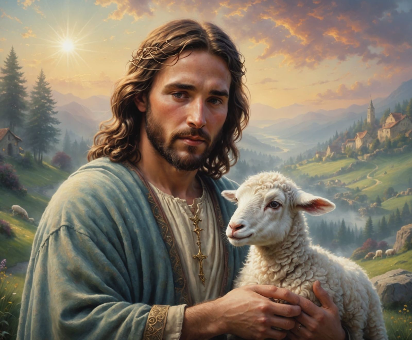 Jesus Holding a Lamb in Ethereal Fantasy Hyperrealism