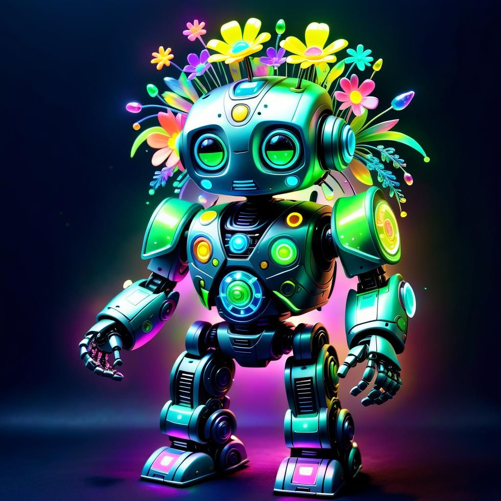 Aetherpunk Robot with Luminous Flower Bouquet