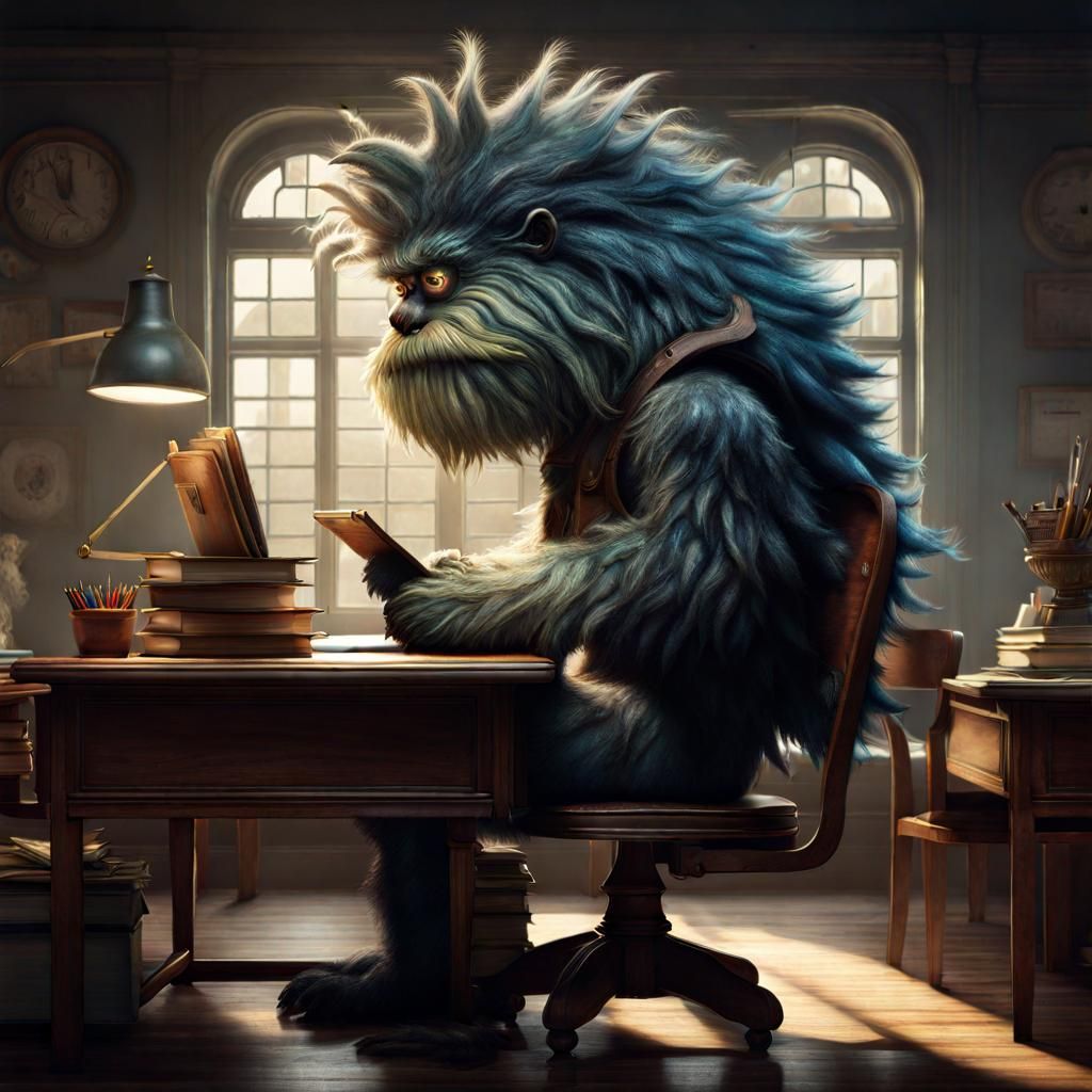 Adorable Hairy Monster at School Desk, Digital Art