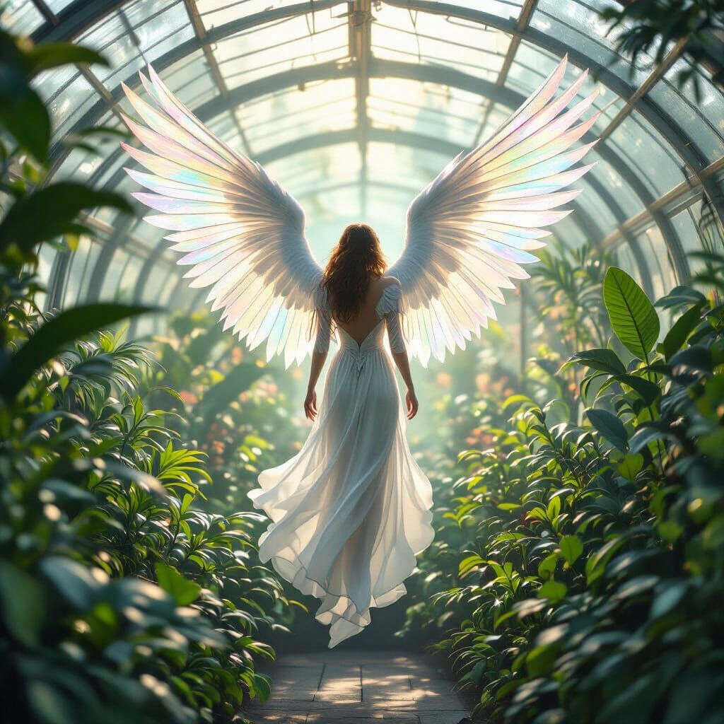 Ethereal Angel Guards Exotic Greenhouse in Digital Matte Pai...