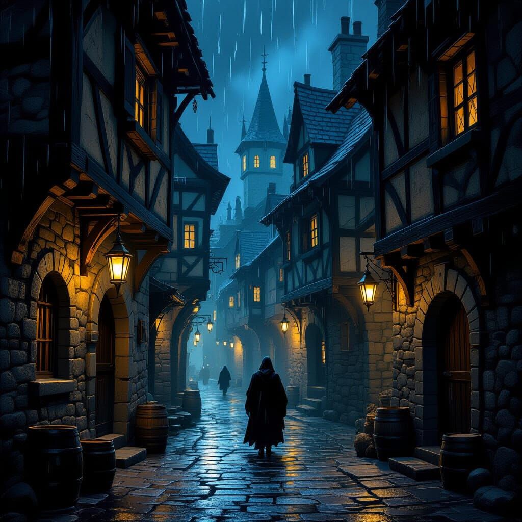 Medieval Alleyway at Night: Mysterious Figure in Dark Fantas...