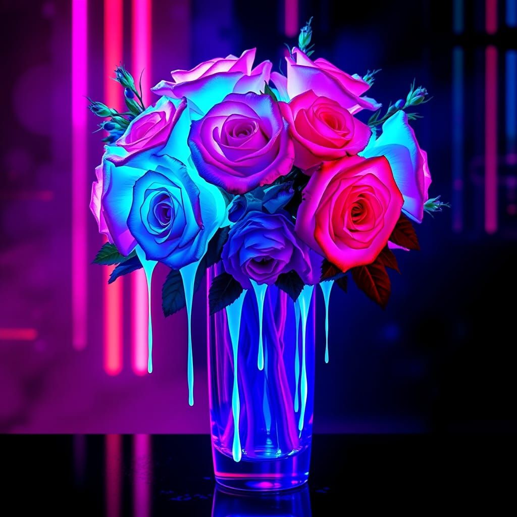 Vibrant Neon Roses in Cyberpunk Dreamscape