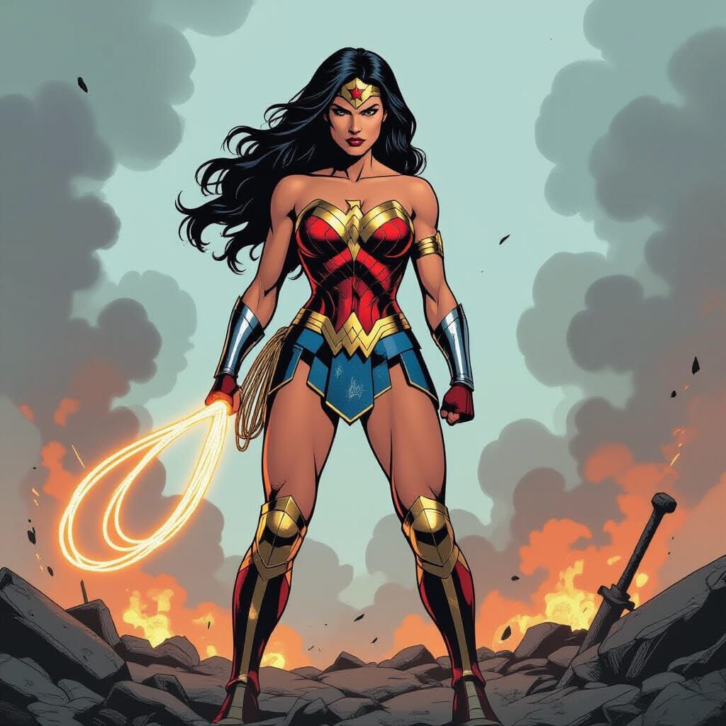 Wonder Woman in Iconic Costume on Battlefield
