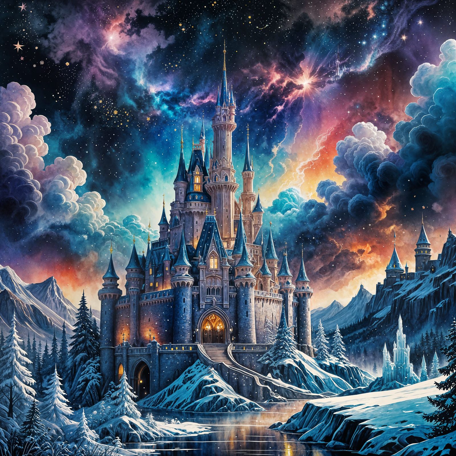 Enchanted Winter Kingdom in Vibrant Watercolor