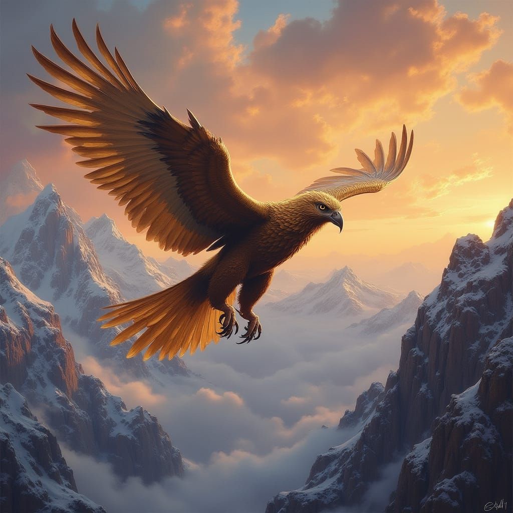 Griffin Soaring Over Mountains in Oil Painting Style