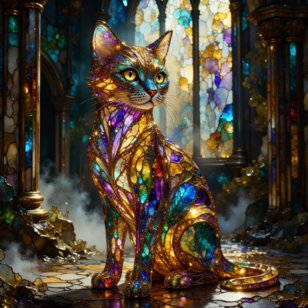 Stained Glass Cat Sculpture in Gothic Hall