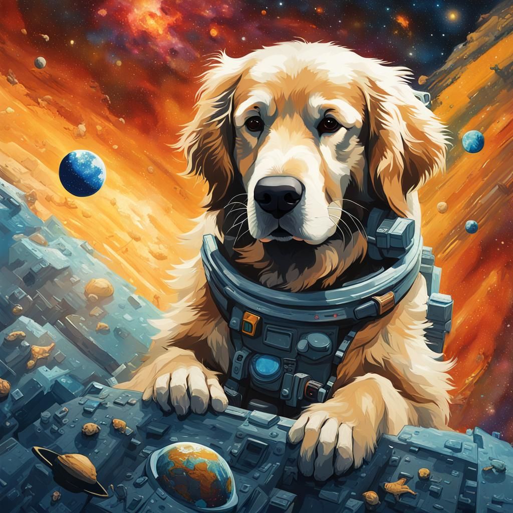 Golden Retriever in Space: Expressionist Impasto Painting