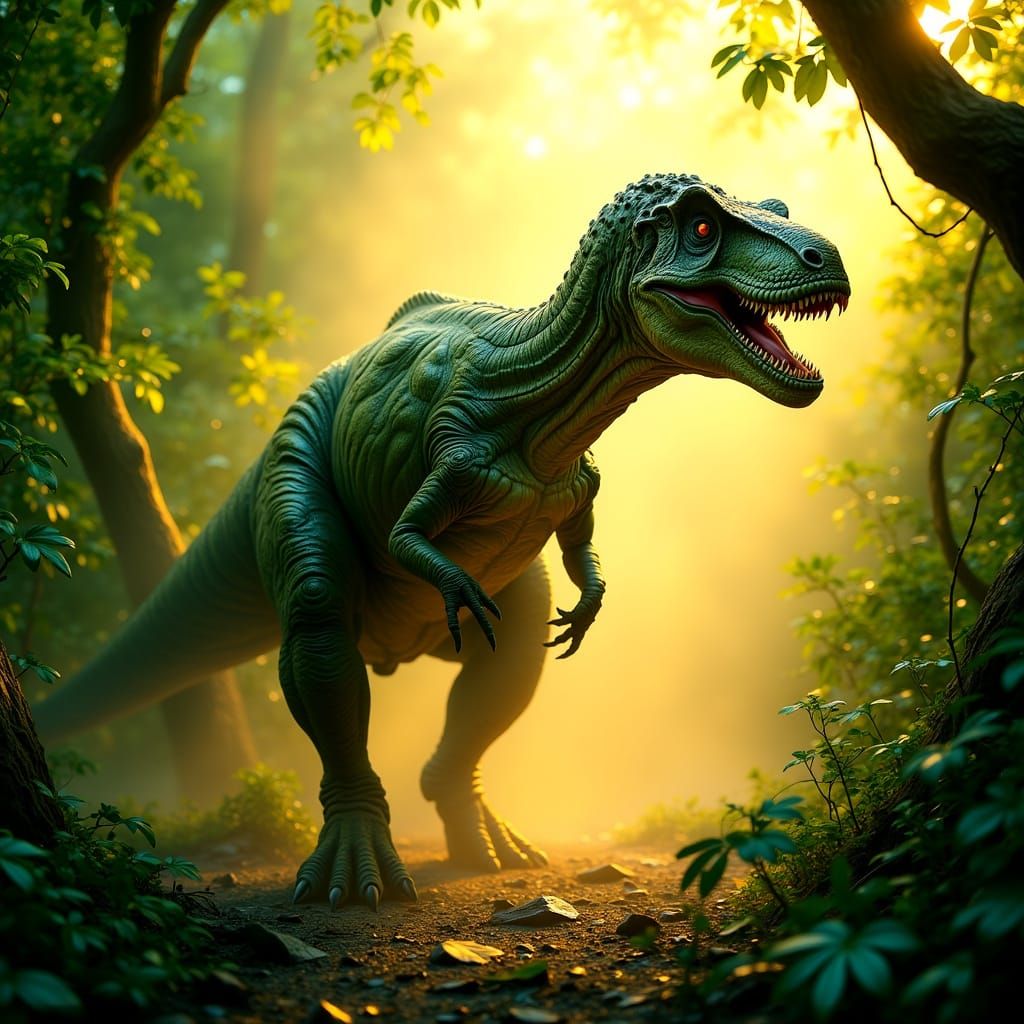 Majestic T-Rex in Lush Prehistoric Jungle at Dawn