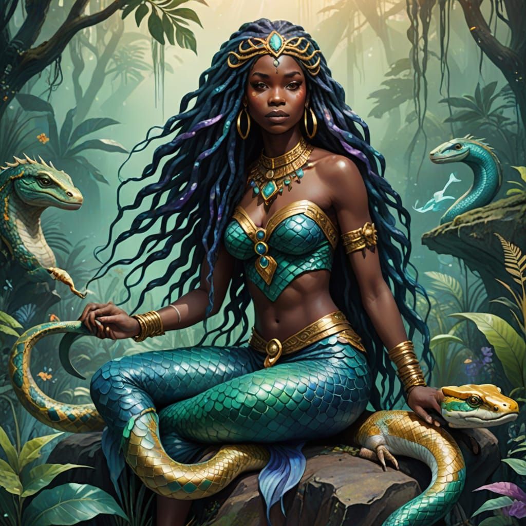 Sensual Afrofuturist Mermaid Goddess Amidst Lush Jungle Vist...