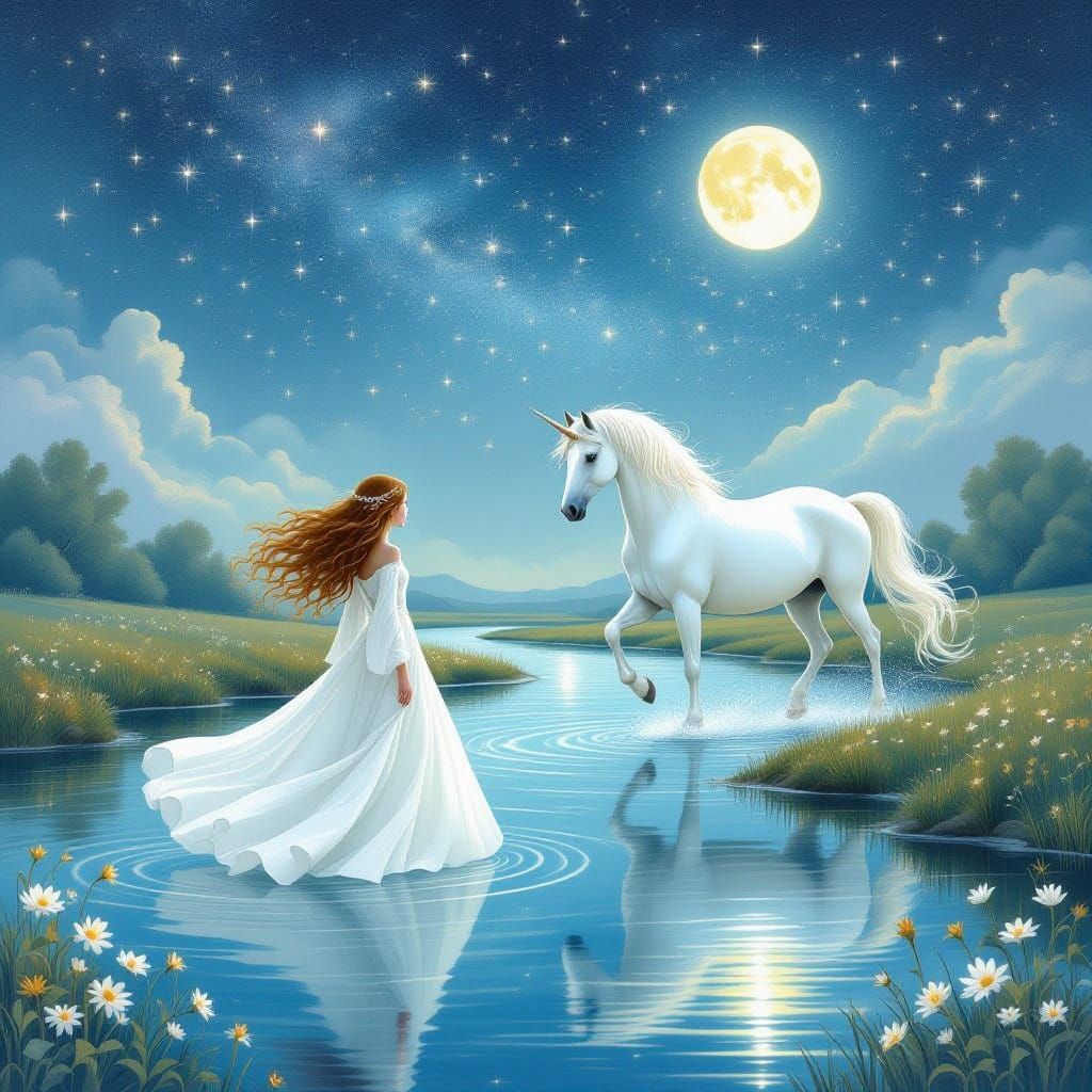 Ethereal Dreamscape with Moonlight Horse and Starry Sky