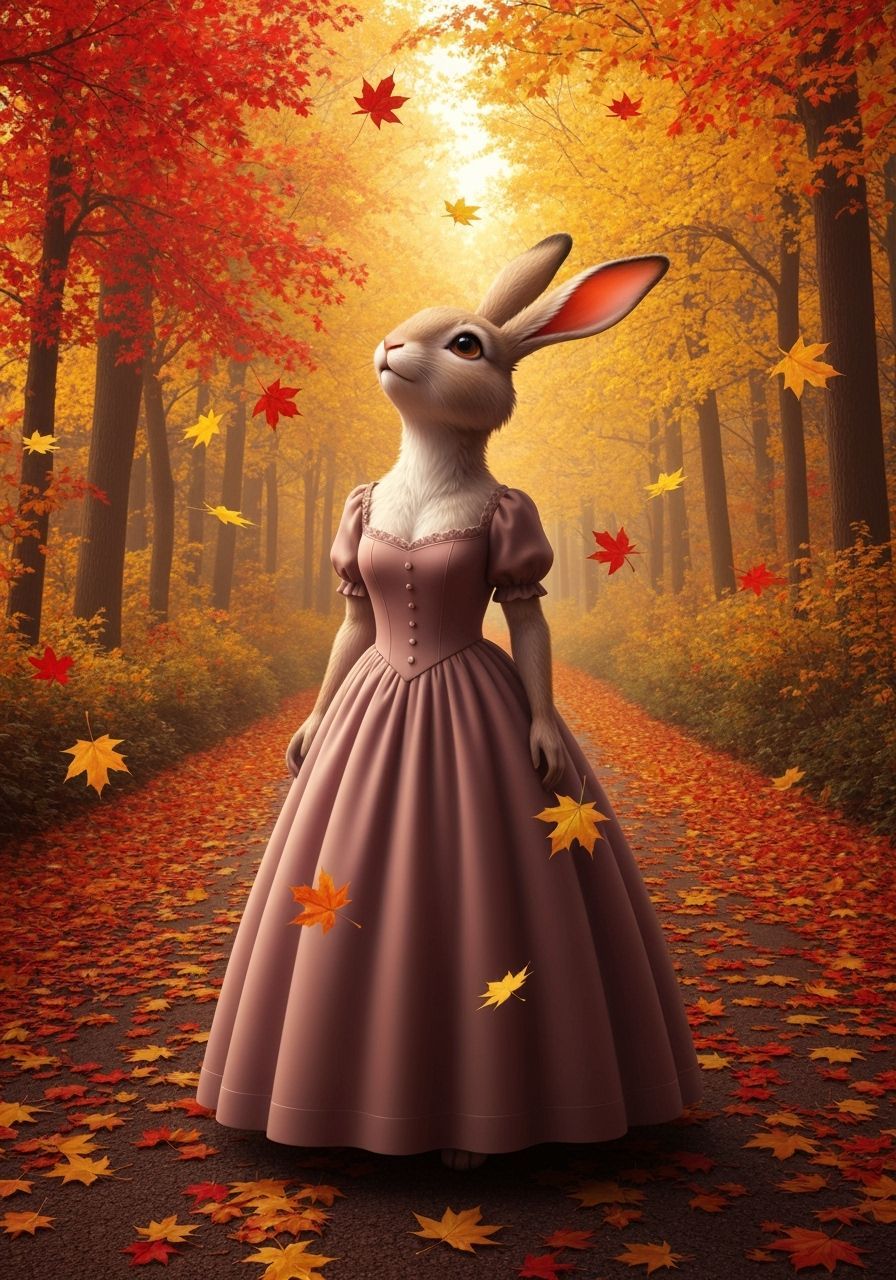 Anthropomorphic Rabbit Enjoys Autumn Forest Stroll