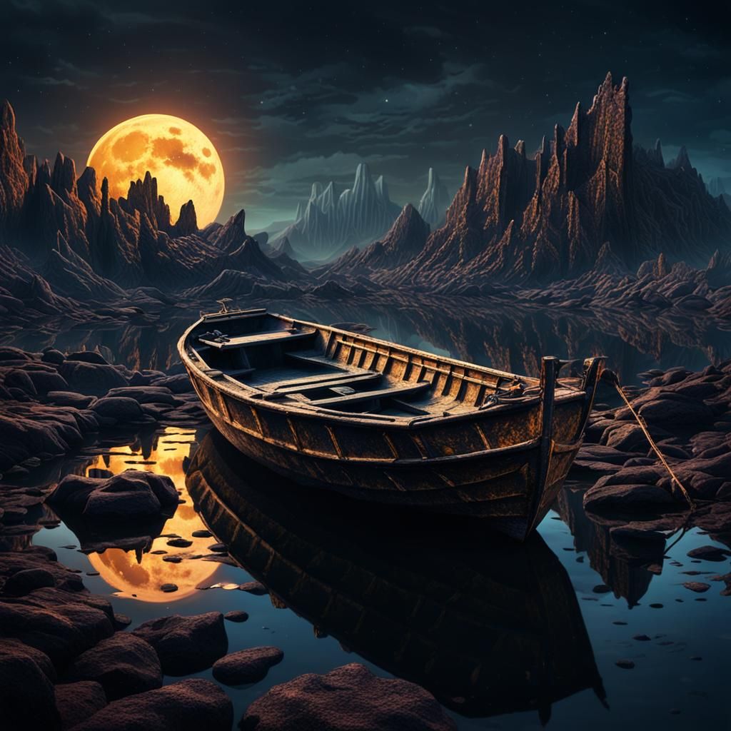 Moonlit Lava Island: Abandoned Boat in Luminism Style