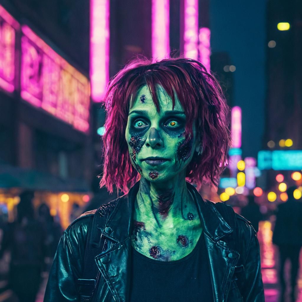 Beautiful Zombie in Neon Cityscape: Cinematic Film Still