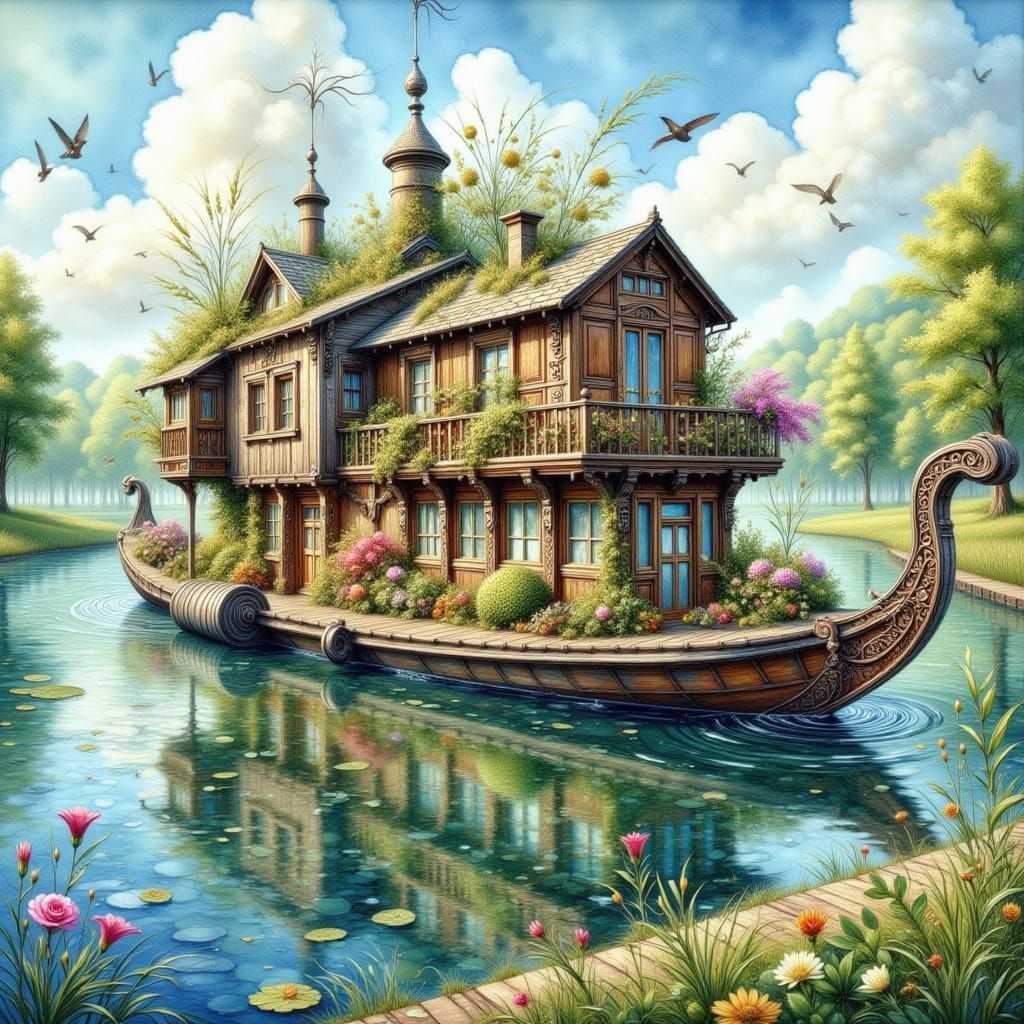 Floating Houseboats in Geometric Impressionist Style