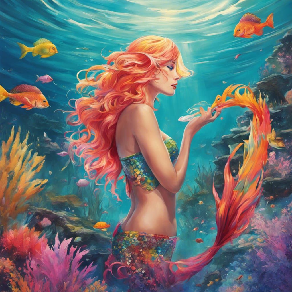 Rainbow Mermaid in Atlantis: Surreal Underwater Scene