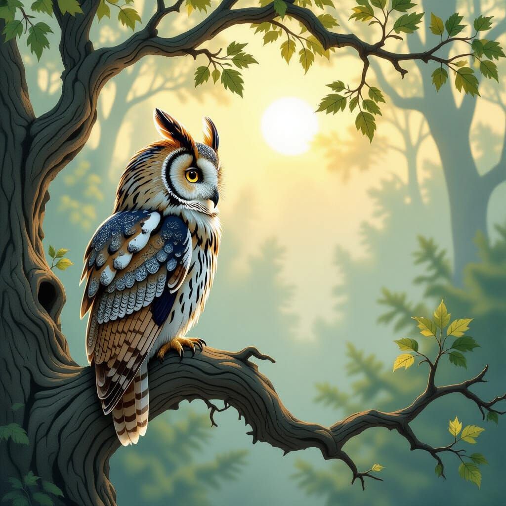 Wise Owl in Misty Forest Dawn, Children's Book Style