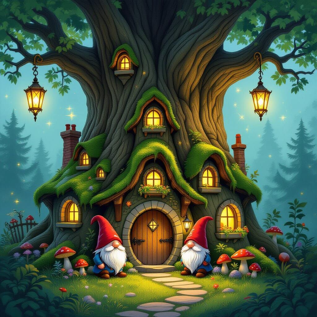Gnome Village in Ancient Tree Illuminated by Lanterns