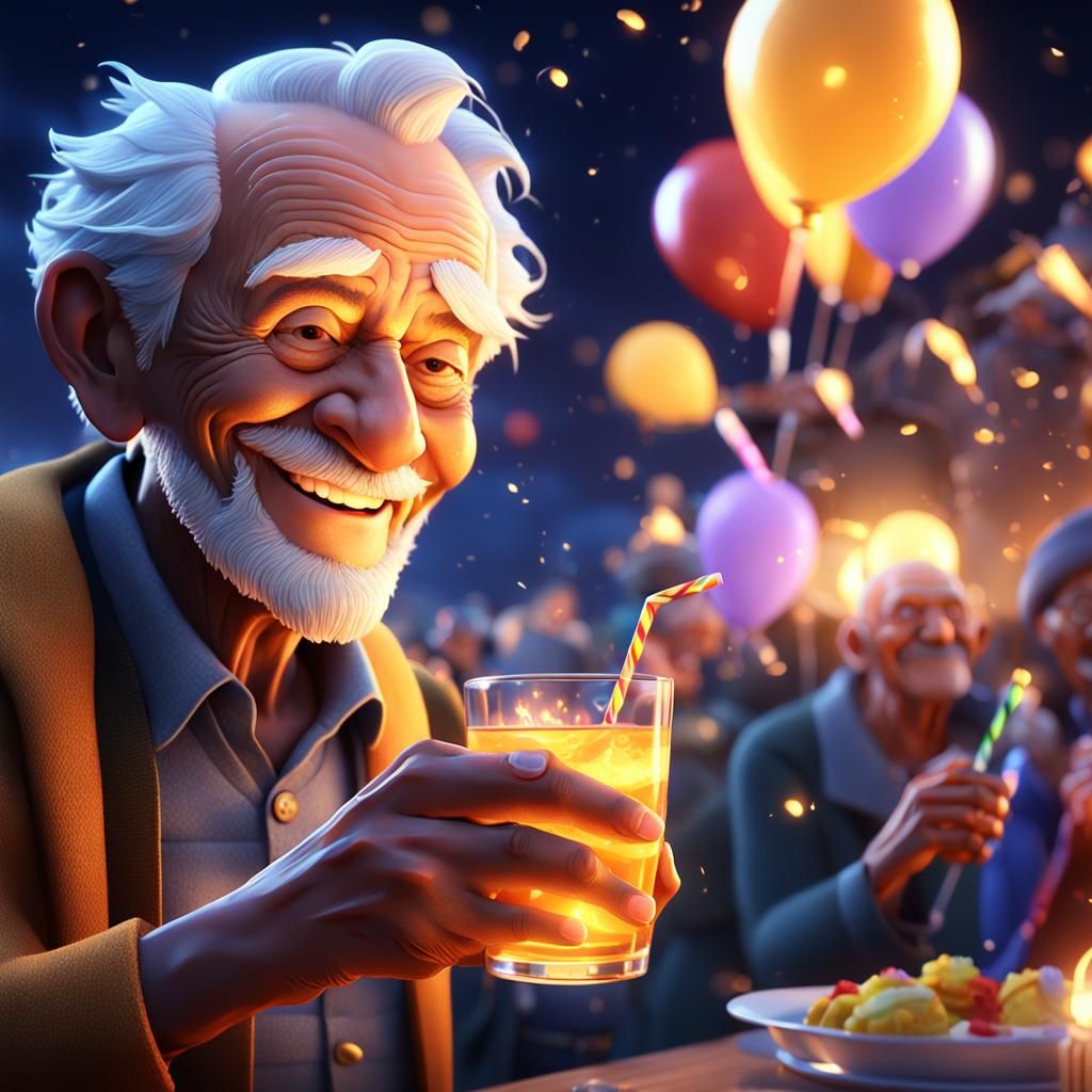 Anime Style Old Man Birthday Celebration in 3D