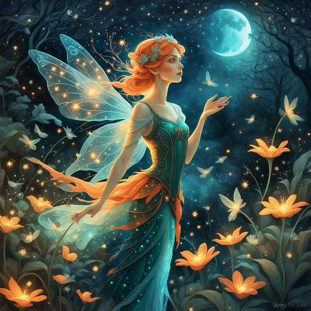 Fantasy Fairy Garden at Night in Volumetric Lighting