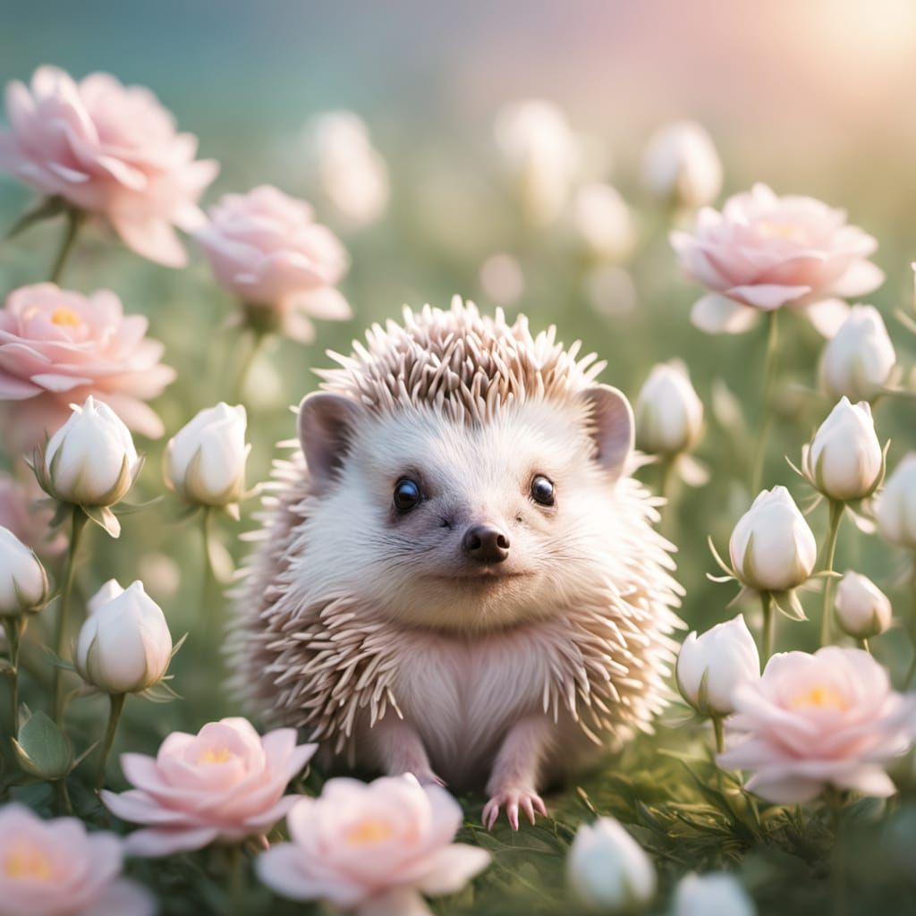 Hedgehog with Rose Spines in Enchanting Meadow at Dawn