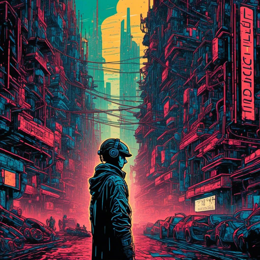 Machine Deity Builds Vivid Cyberpunk City: Linocut Style