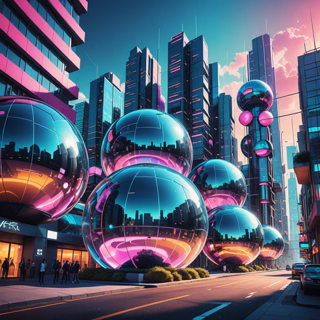 Retro-Futuristic City of Glass Bubble Buildings