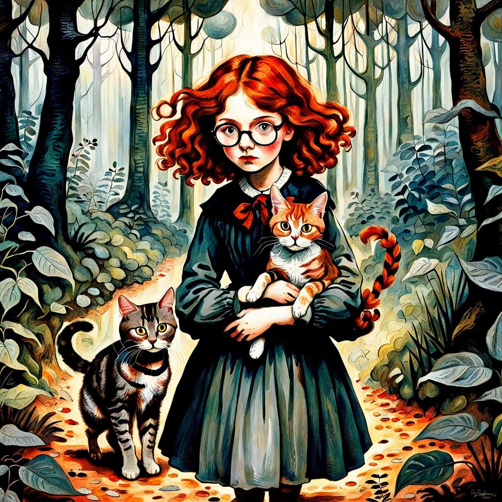 Girl and Cat Venture into Forest, Storybook Illustration