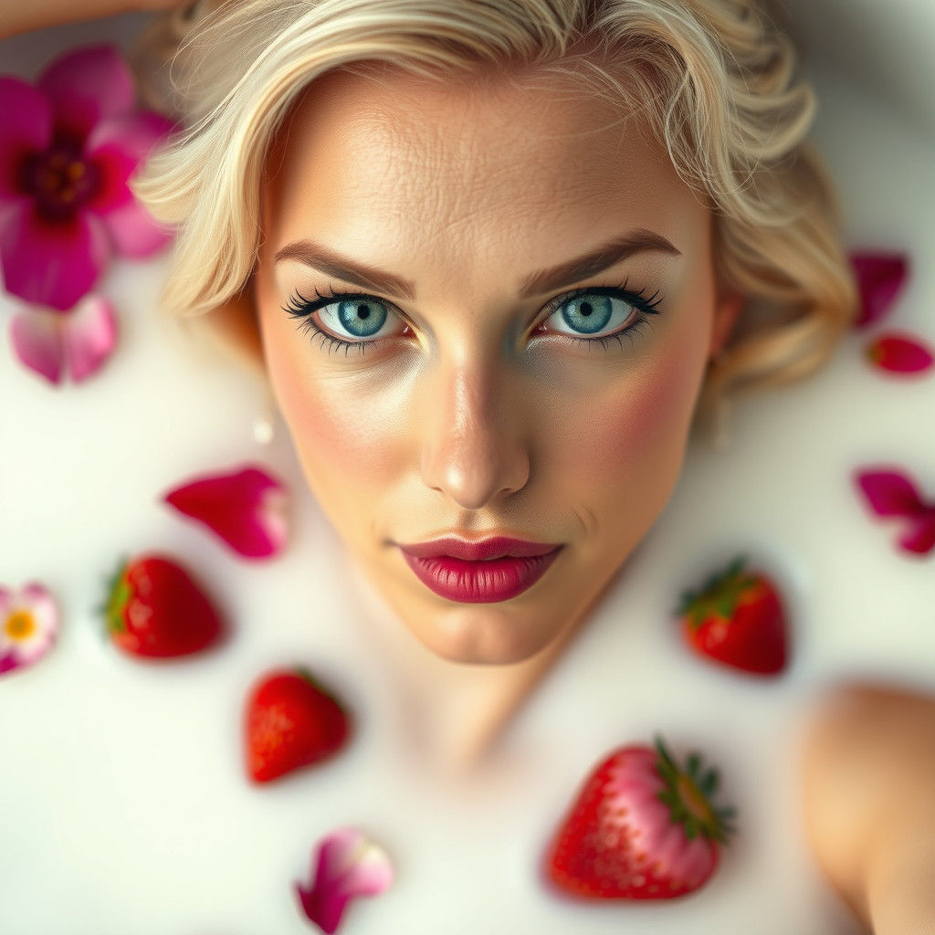 Woman in Milk Bath with Flowers and Strawberries