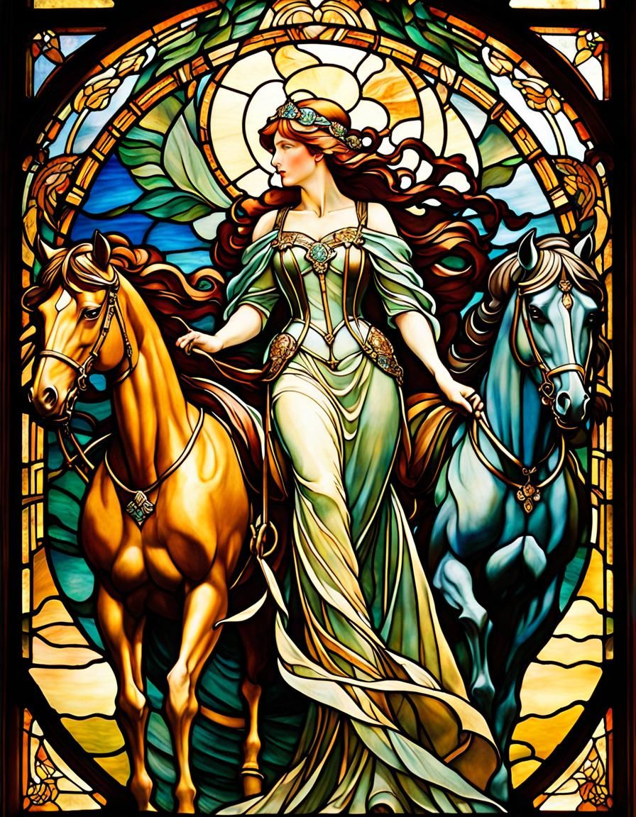Art Nouveau Stained Glass: Four Horsemen