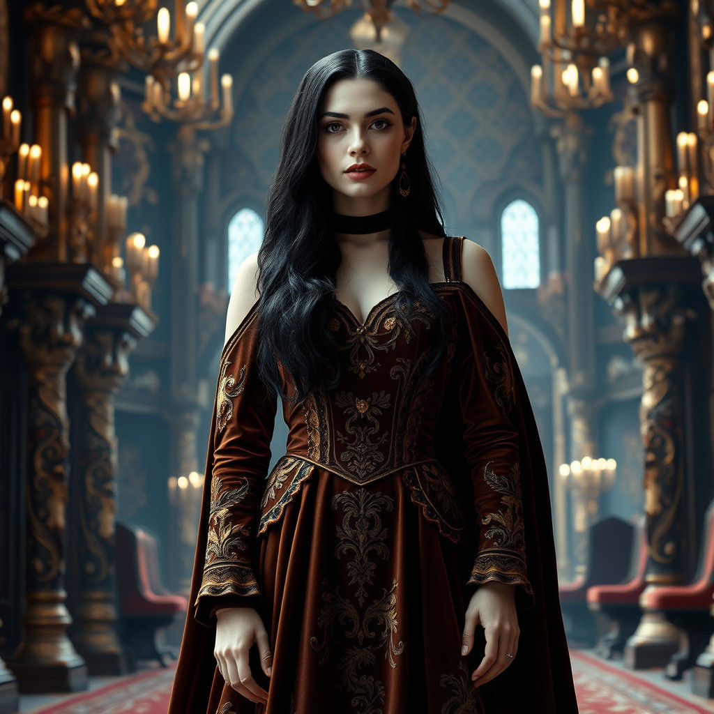 Regal Woman in Opulent Medieval Hall