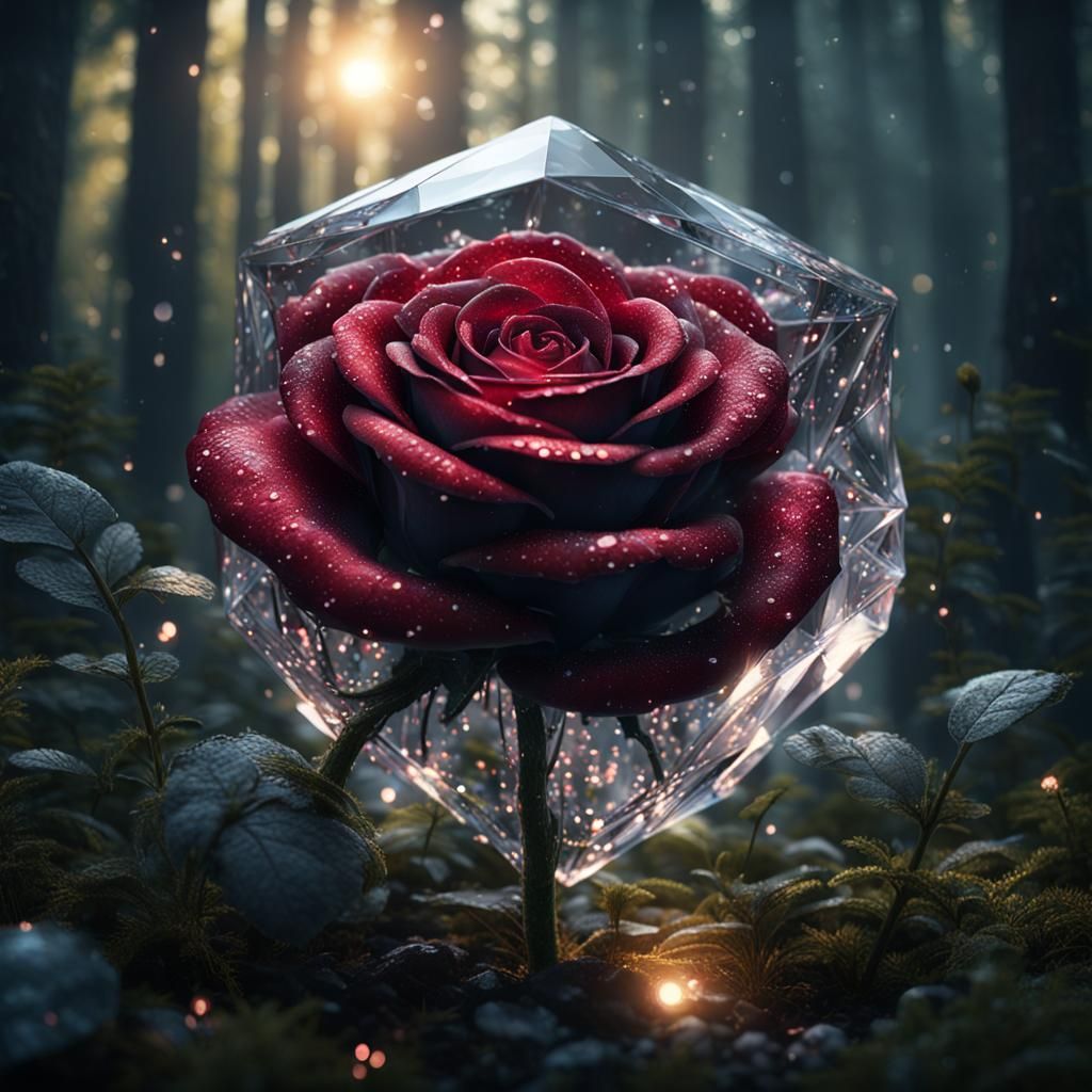 Crystal Rose in Forest at Night, 3D Animation
