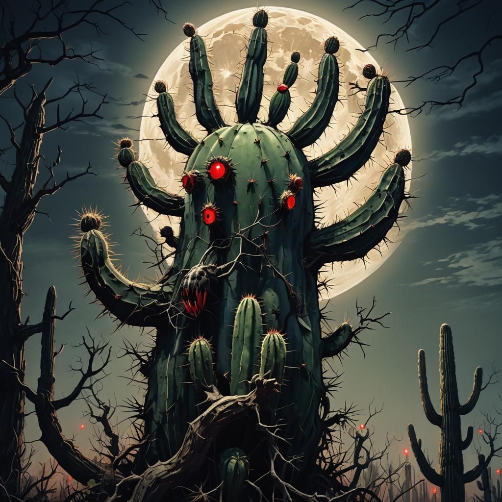Dark Fantasy Cactus Demon Under Moonlight
