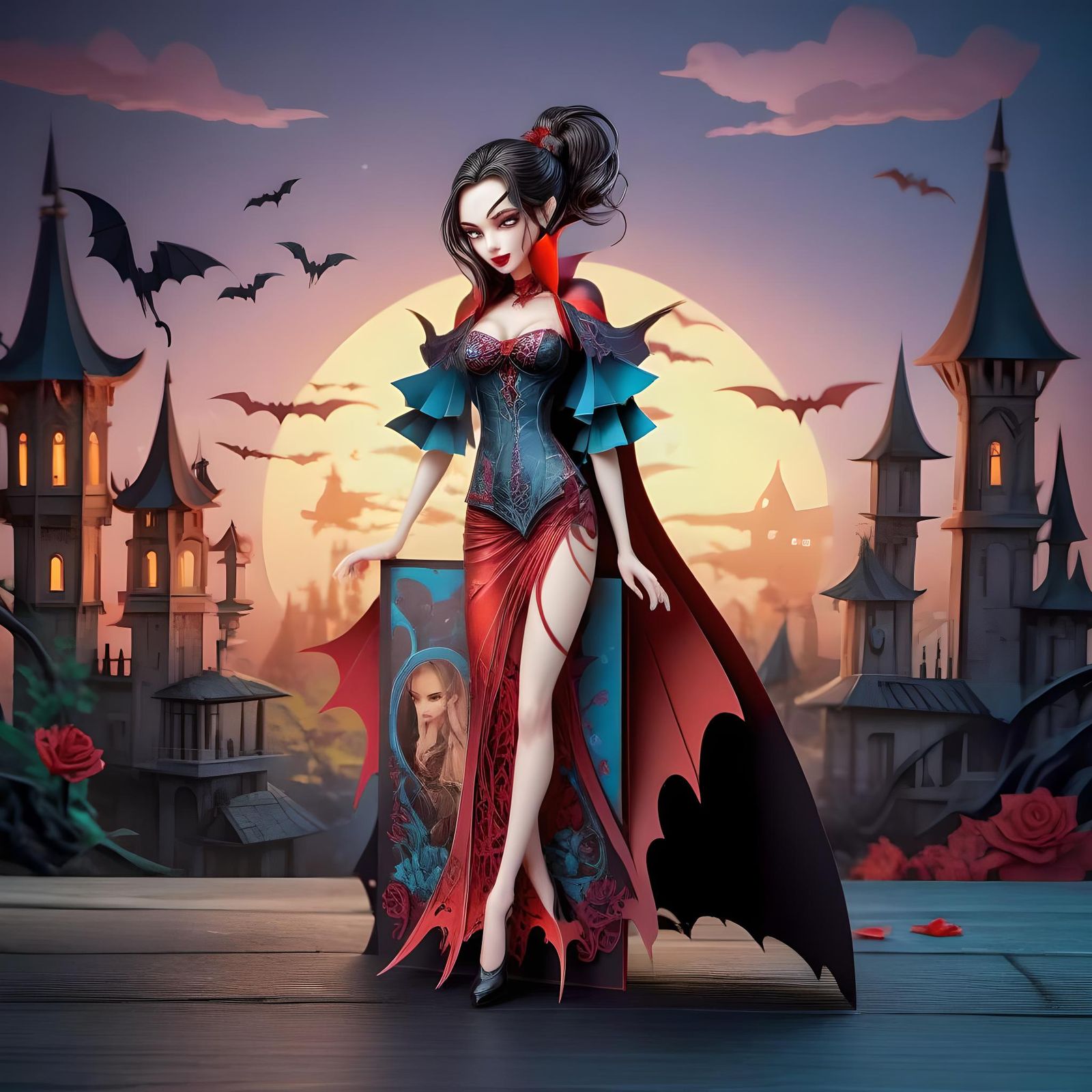 Beautiful Female Vampire in 3D Paper Popup Card