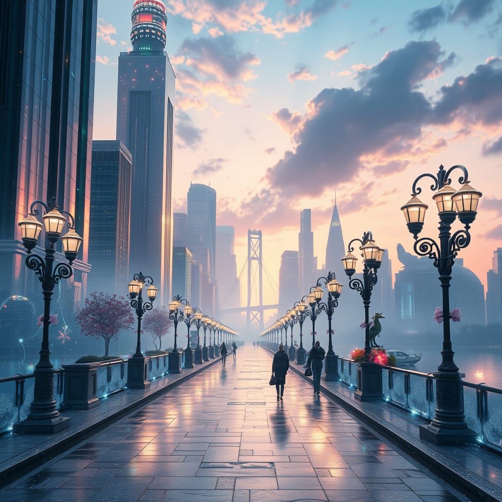 Ethereal Dream City Walkway in Vibrant Twilight