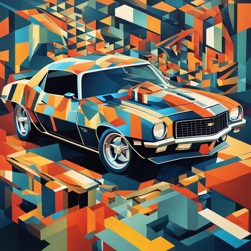 1970s Chevy Camaro Cubist Art Deco Painting