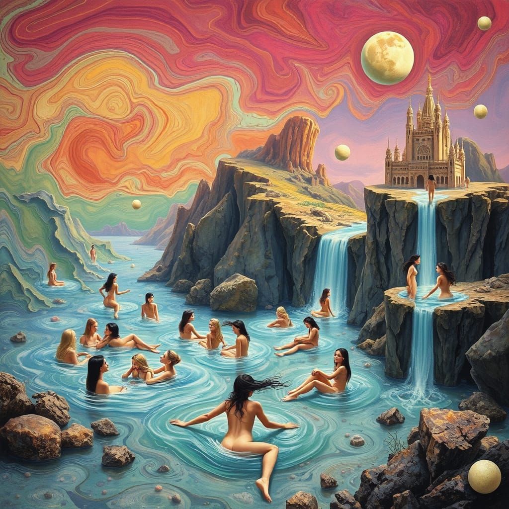 Surreal Dreamscapes with Ethereal Figures and Iridescent Spi...