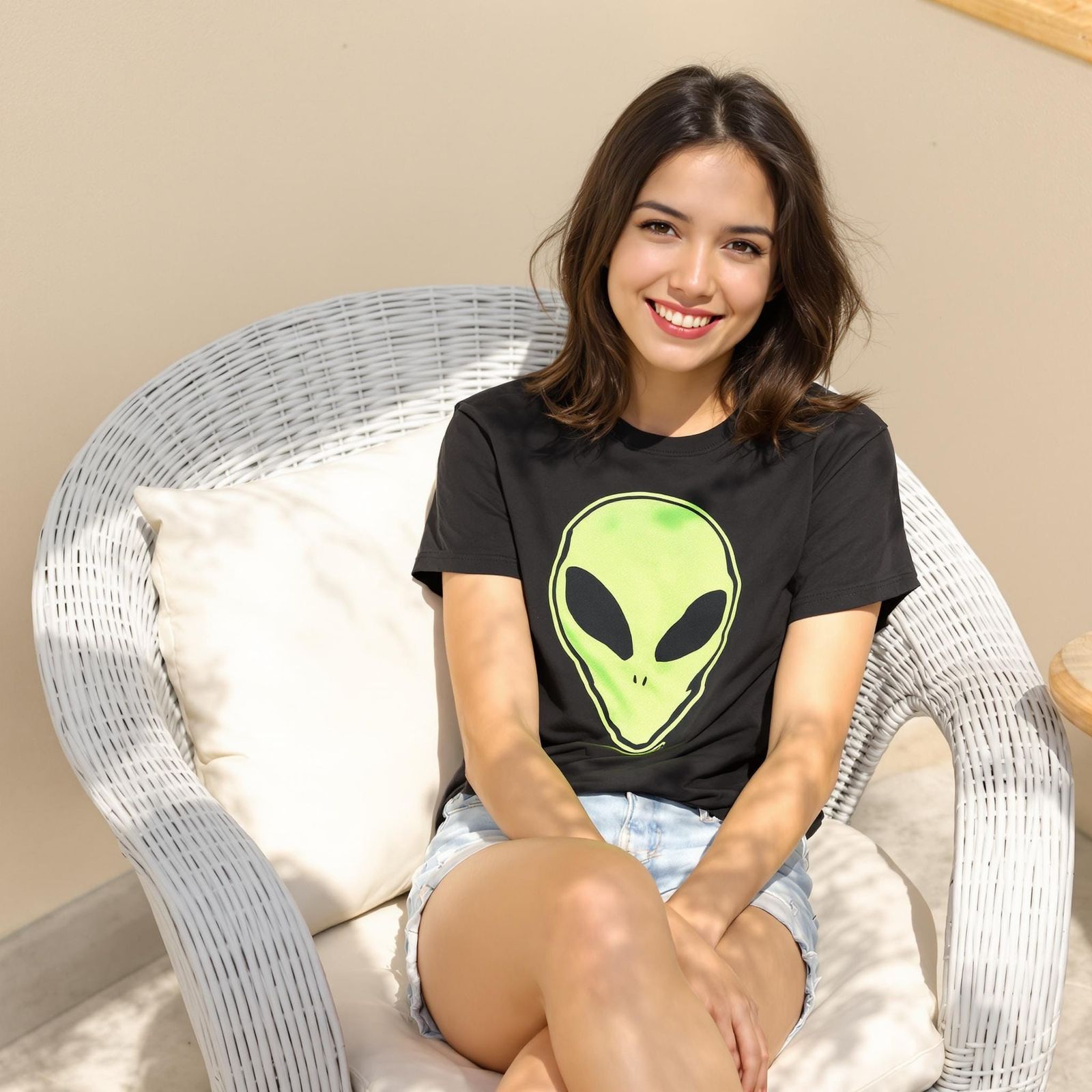 Woman in Alien T-Shirt on Sunny Patio
