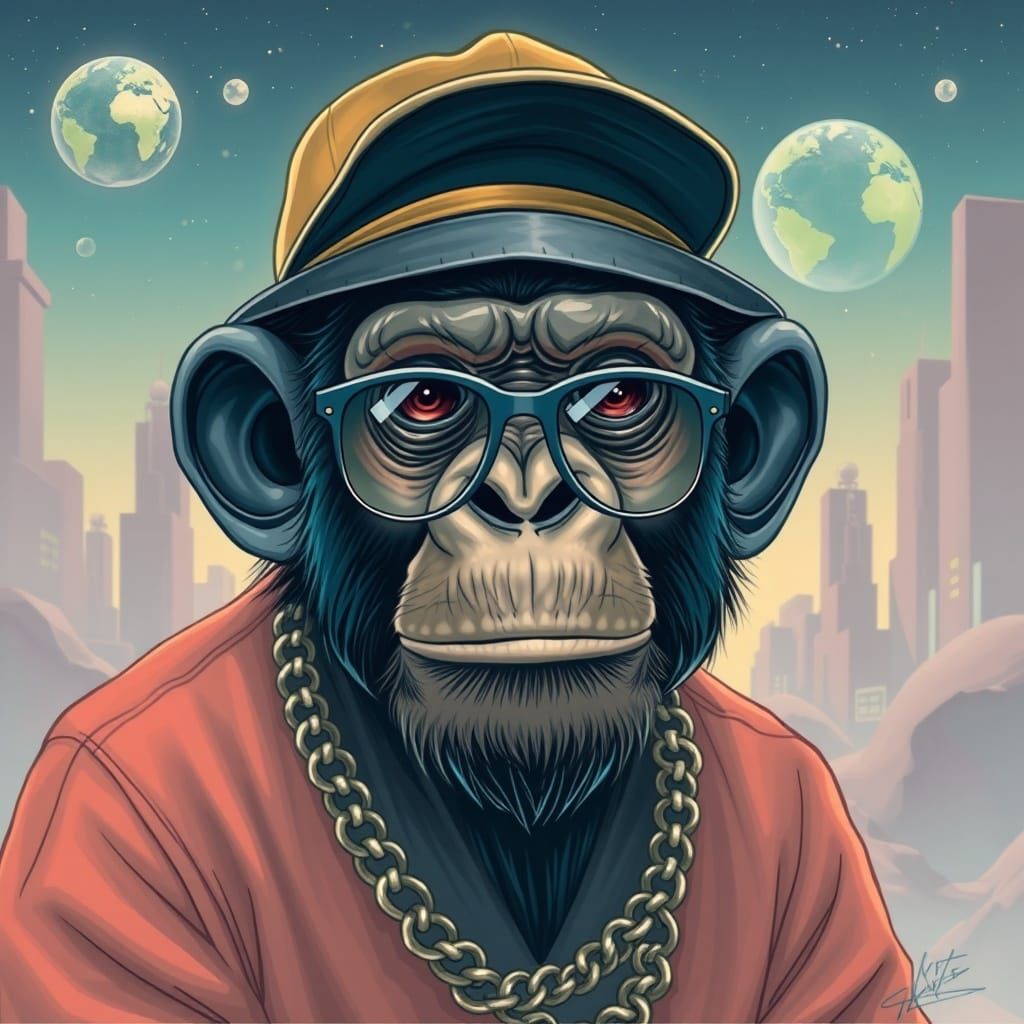 Chimpanzee Rapper in Futuristic Cityscape