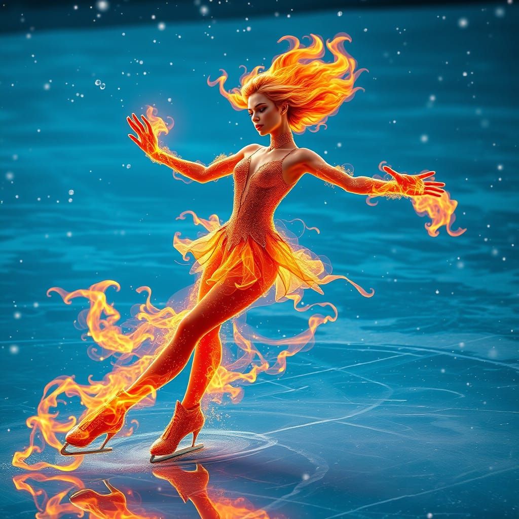 Flaming Figure Skater in Elegant, Whimsical Winter Scene